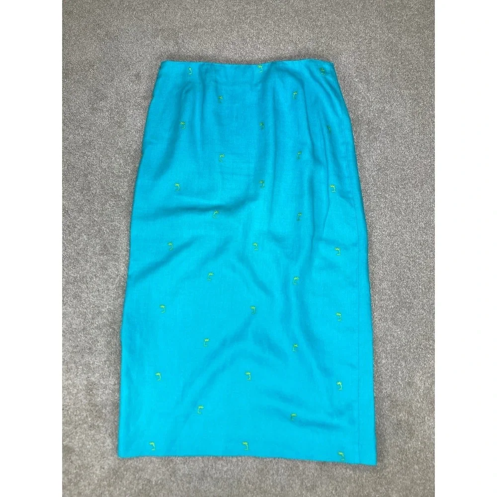 David Brooks VTG Linen Embroidered Midi Skirt Womens 14 Blue Summer Coastal Chic